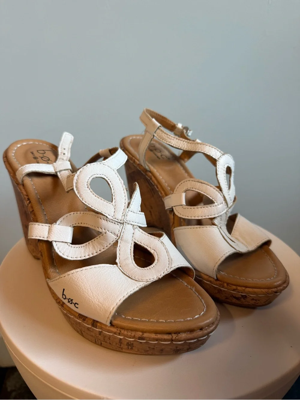 b.o.c. White Leather Cutout Wedge Sandals